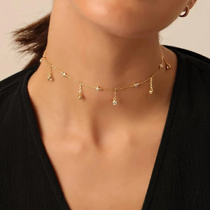 925 Silver CZ Station Choker Necklace Tassel CZ Drop Charm Wedding Jewelry