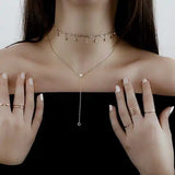 925 Silver CZ Station Choker Necklace Tassel CZ Drop Charm Wedding Jewelry