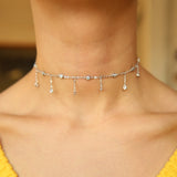 925 Silver CZ Station Choker Necklace Tassel CZ Drop Charm Wedding Jewelry