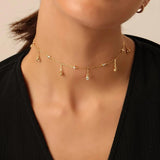 925 Silver CZ Station Choker Necklace Tassel CZ Drop Charm Wedding Jewelry