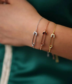 925 Silver Safety Pin Charm Bracelet CZ Dainty Chain