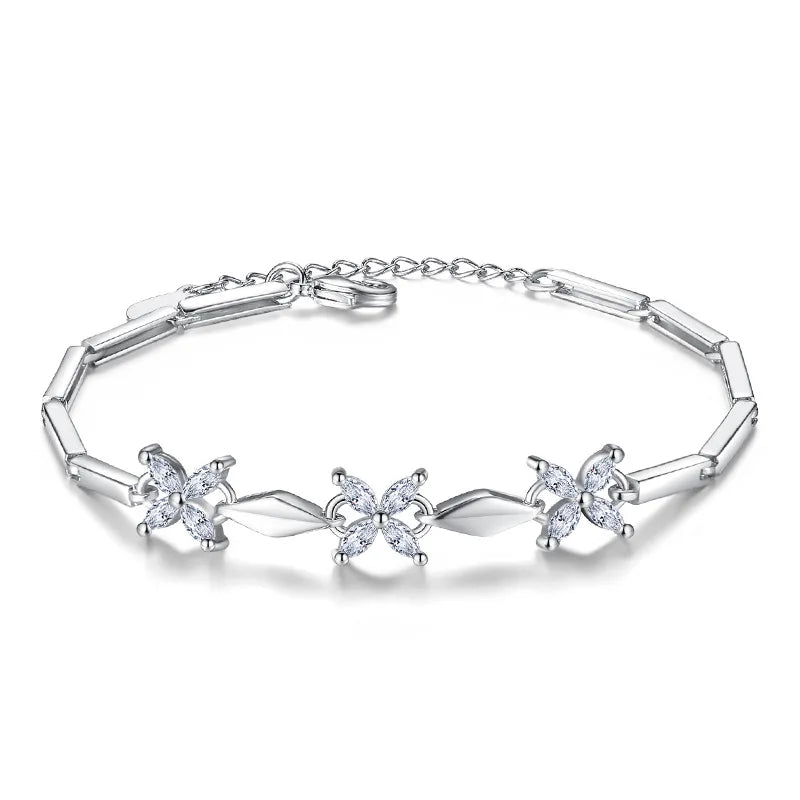 925 Silver Flower Crystal Bracelet Women Jewelry Christmas