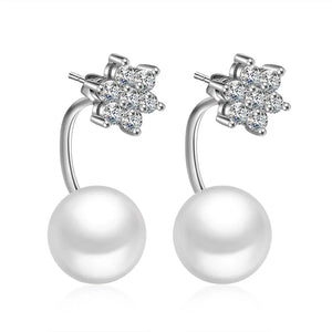 925 Silver Snowflake Crystal Pearl Stud Earrings Women Jewelry