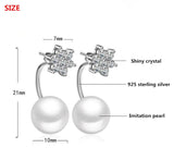 925 Silver Snowflake Crystal Pearl Stud Earrings Women Jewelry