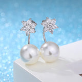 925 Silver Snowflake Crystal Pearl Stud Earrings Women Jewelry