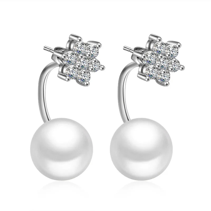 925 Silver Snowflake Crystal Pearl Stud Earrings Women Jewelry