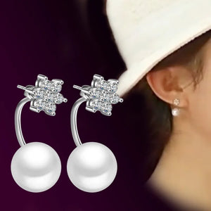 925 Silver Snowflake Crystal Pearl Stud Earrings Women Jewelry