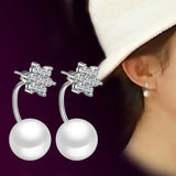 925 Silver Snowflake Crystal Pearl Stud Earrings Women Jewelry