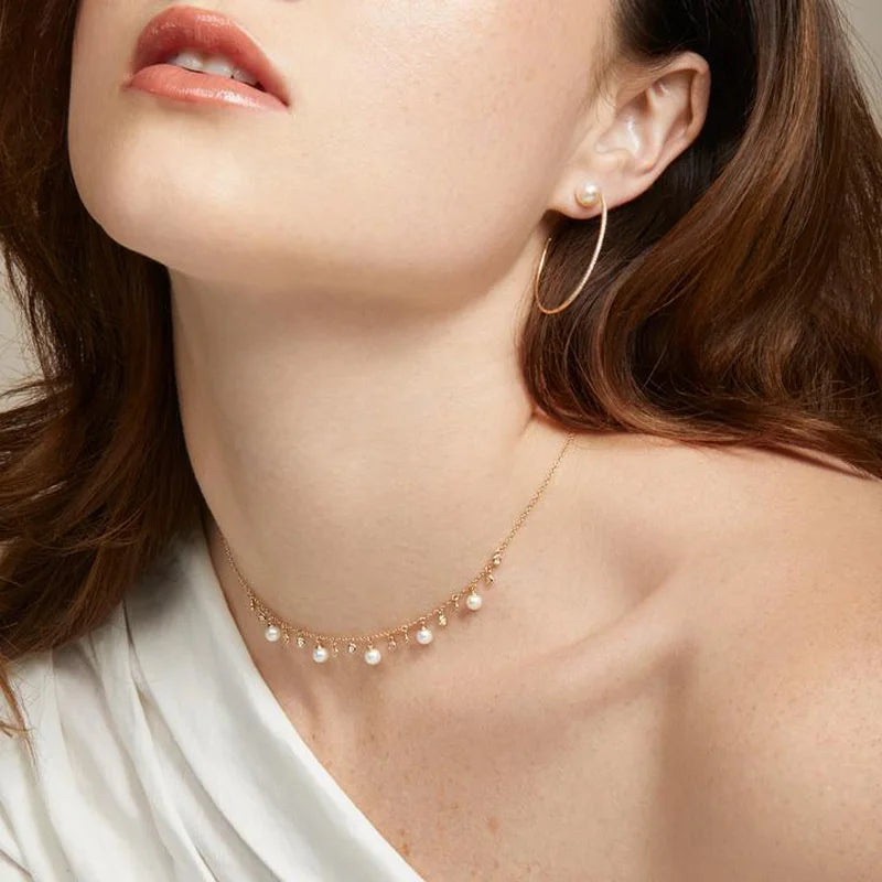 925 Silver Freshwater Pearl Choker Necklace CZ Statement Fine Jewelry