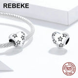 925 Silver Heart Beads with Stars Charm for Bracelet DIY