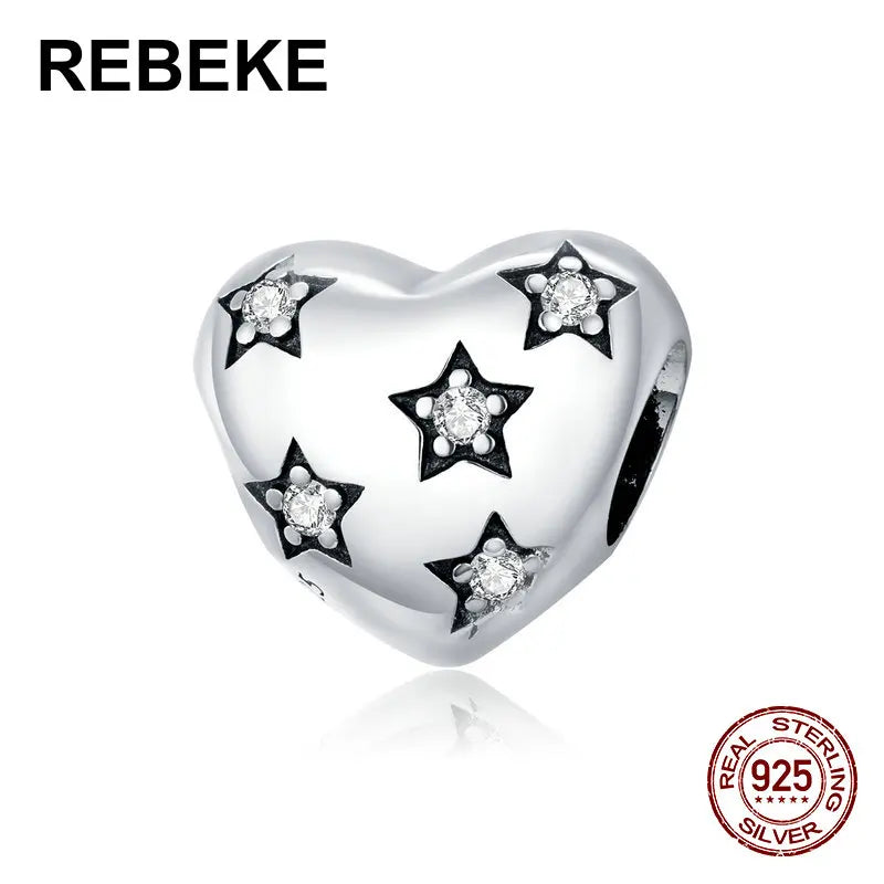 925 Silver Heart Beads with Stars Charm for Bracelet DIY
