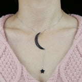 925 Silver CZ Moon Star Charm Y Lariat Necklace