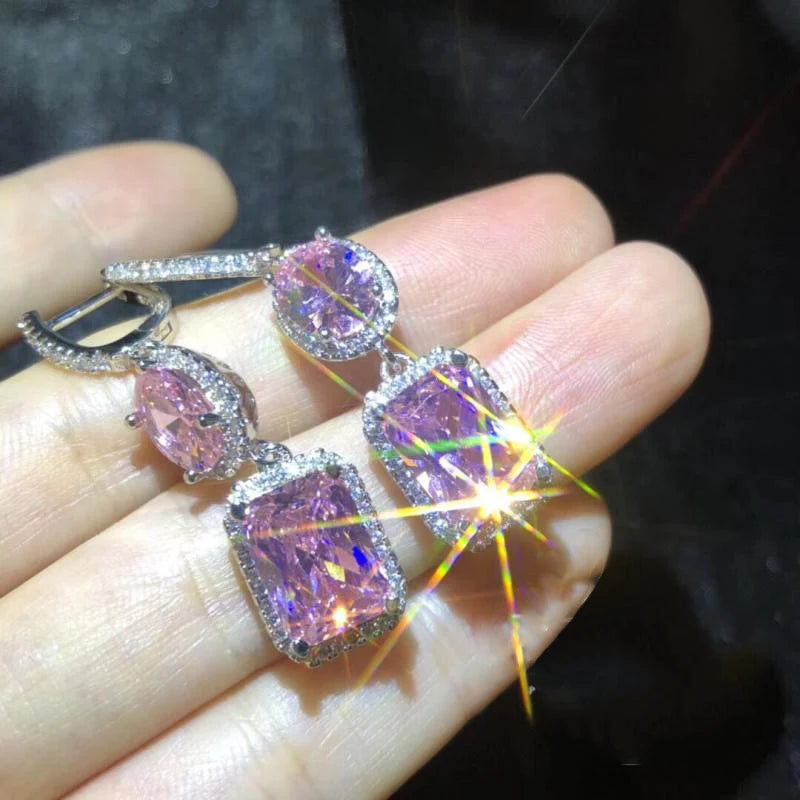 925 Silver Citrine Tourmaline Pink Long Earrings