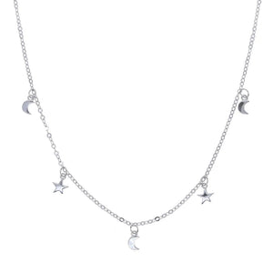 925 Silver Moon Star Charm Necklace for Women