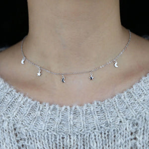 925 Silver Moon Star Charm Necklace for Women