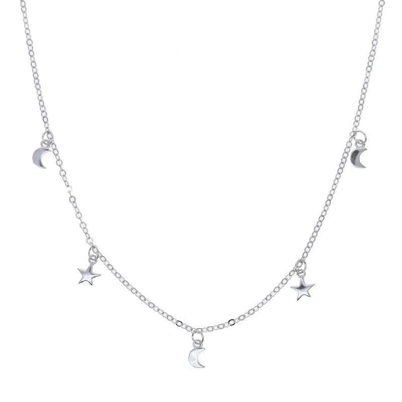 925 Silver Moon Star Charm Necklace for Women