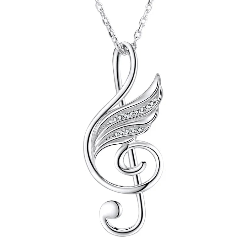 925 Silver Musical Note Wing Necklace with CZ