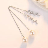 925 Silver Pearl Crystal Flower Long Earrings Allergy-free