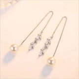 925 Silver Pearl Crystal Flower Long Stud Earrings
