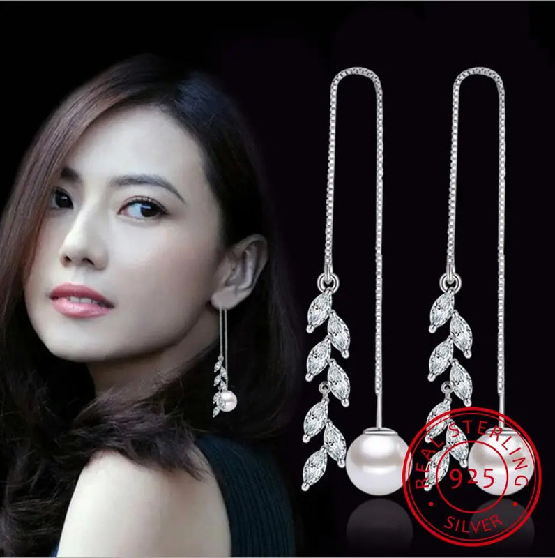 925 Silver Pearl Crystal Flower Long Stud Earrings