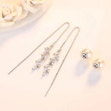 925 Silver Pearl Crystal Flower Long Earrings Allergy-free