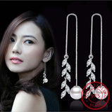 925 Silver Pearl Crystal Flower Long Stud Earrings