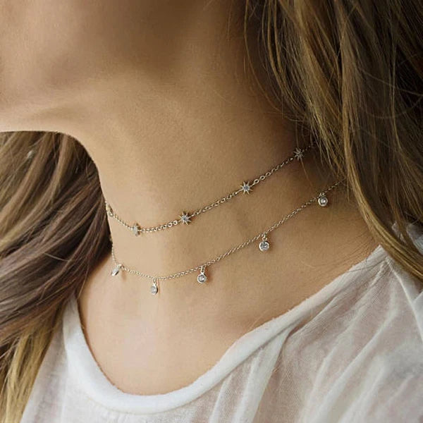 925 Silver Sunburst Charm Choker 33+7cm Thin Chain Necklace