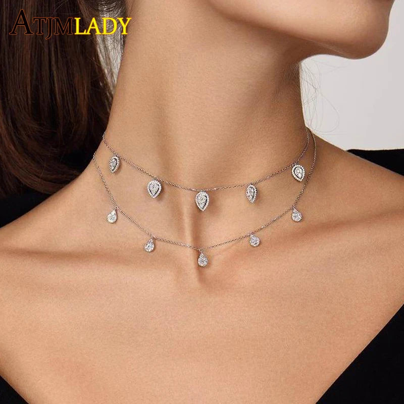 925 Silver Tear Drop Charm Choker Necklace with Clear CZ