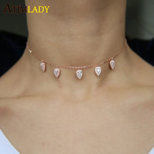 925 Silver Tear Drop Charm Choker Necklace with Clear CZ