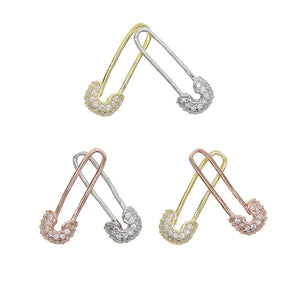 925 Sterling Silver Safety Pin Stud Earrings with CZ, Delicate Women's Jewelry