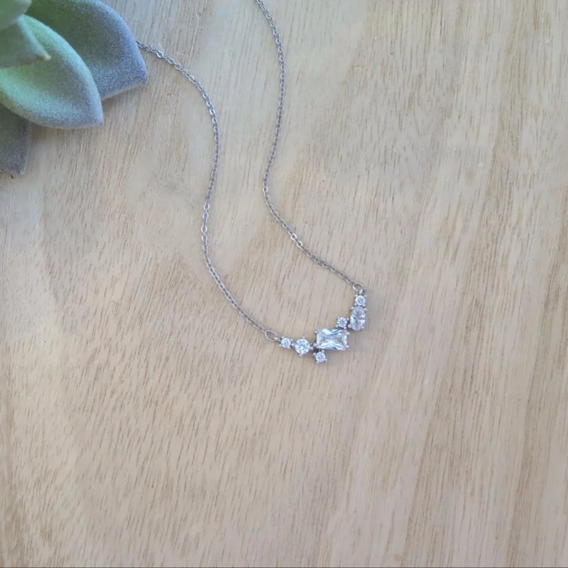 925 Silver CZ Cluster Charm Necklace Wedding Bling