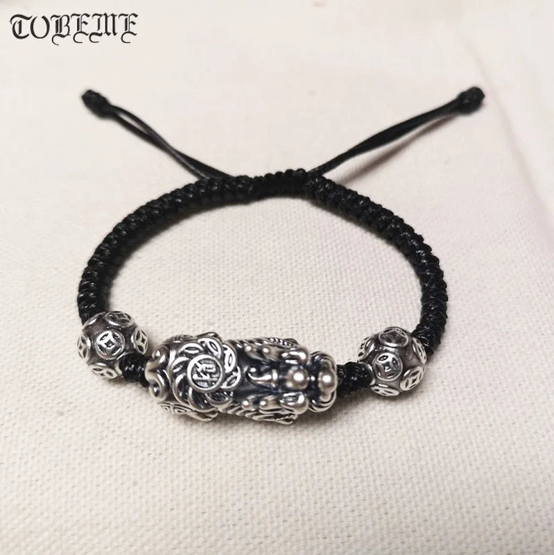 999 Silver 3D Wealth Pixiu Bracelet Good Luck Beads Braided Bracelet