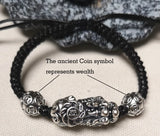 999 Silver 3D Wealth Pixiu Bracelet Good Luck Beads Braided Bracelet