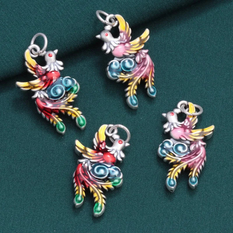 999 Silver Enamel Peacock Pendant for Women Charms Bracelet DIY Jewelry Making