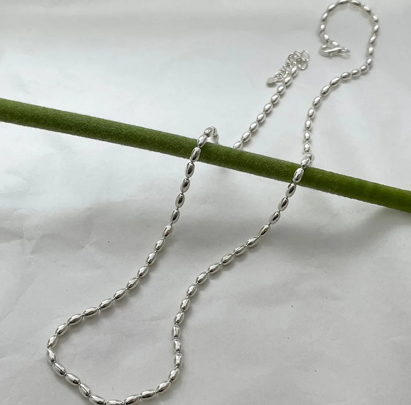 925 Sterling Silver Lucky Olive Pearl Beads Chain Choker Necklace