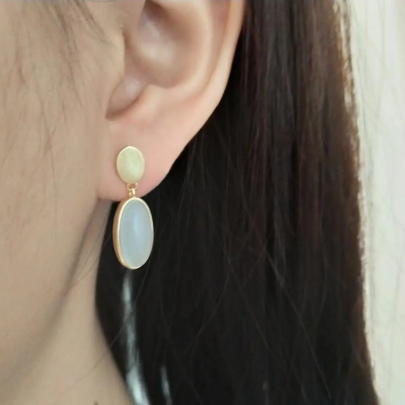 925 Silver OPAL OVAL &Plain Oval Geometric Dangle Earrings TLE699