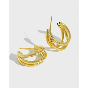 925 Silver White/Gold 3-Row Geometric Triple Stud Earrings C-YH384