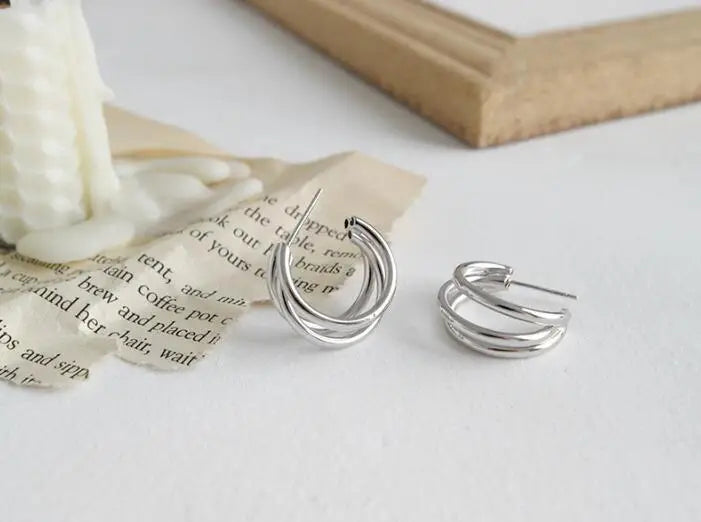 925 Silver White/Gold 3-Row Geometric Triple Stud Earrings C-YH384