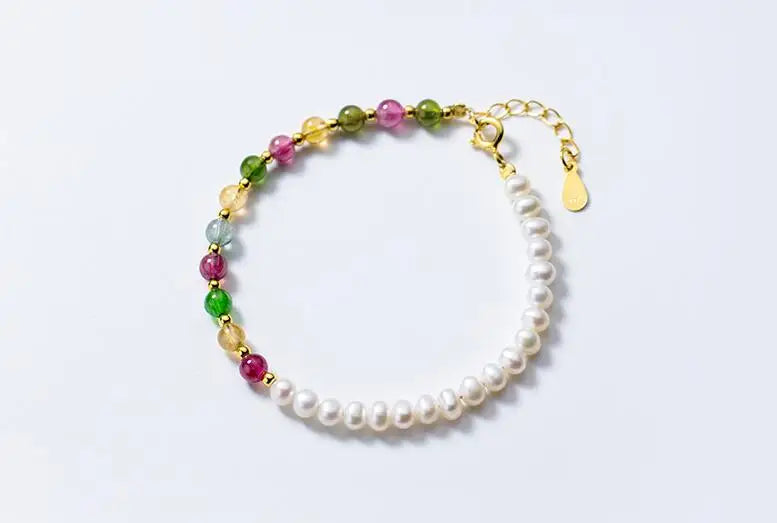 925 Silver Colored Tourmaline Crystal & Pearl Bracelet