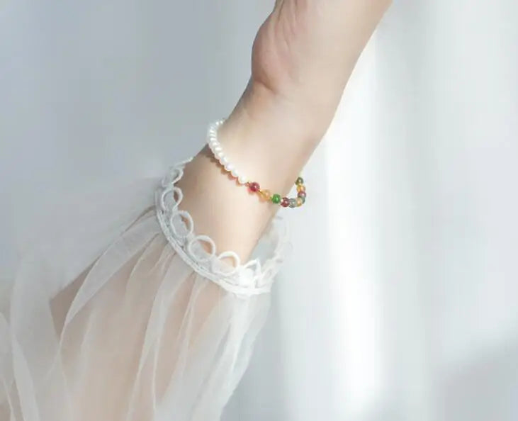 925 Silver Colored Tourmaline Crystal & Pearl Bracelet