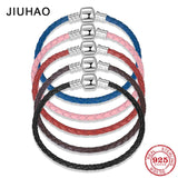 Brown Leather Rope Bracelets 925 Sterling Silver Women Weave Snake Charms