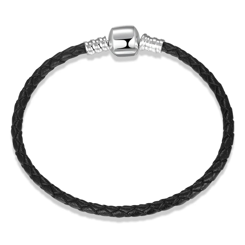 Brown Leather Rope Bracelets 925 Sterling Silver Women Weave Snake Charms