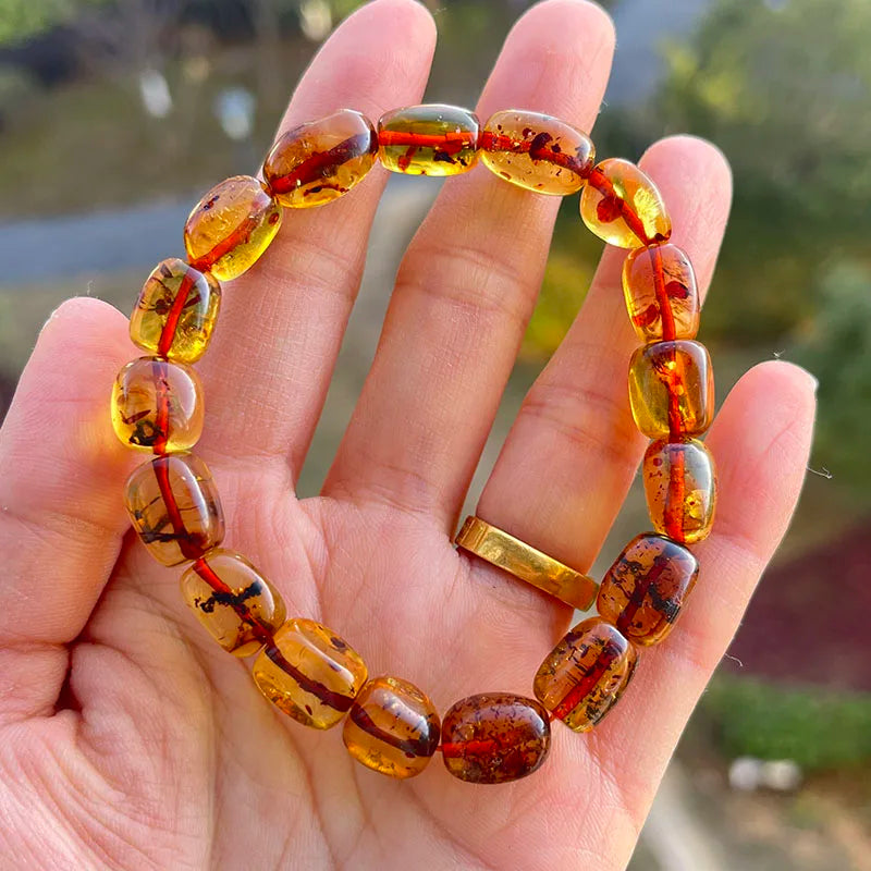 Floral Amber Bracelet for Women Real Flower Irregular Beads