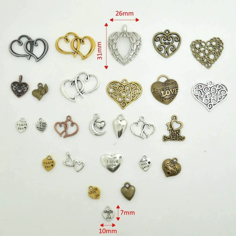 100g Mixed Vintage Alloy Heart Pendant Charms for DIY Jewelry - 60-70pcs