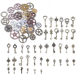 100g Mixed Vintage Skeleton Keys Steampunk Charms Antique Bronze Gears Cogs