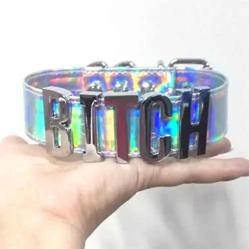 A-Z Letter Name Choker Holographic PU Leather Laser Word Collar