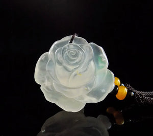 Natural Albite Jade Pendant Shuimo Jade Carved Peony Flower Beads Necklace