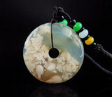 Cherry Blossom Agate Peace Coin Pendant with Jade Necklace
