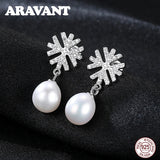 Freshwater Pearl Drop Earrings 6MM Snowflake Earring 925 Sterling Silver
