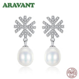 Freshwater Pearl Drop Earrings 6MM Snowflake Earring 925 Sterling Silver